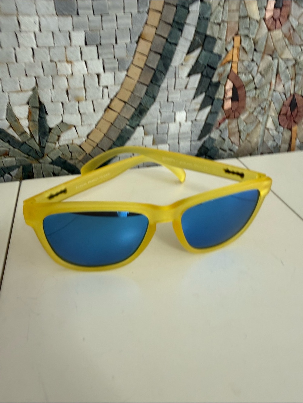 Yellow Frame Sunglasses with Blue Mirrored Lenses